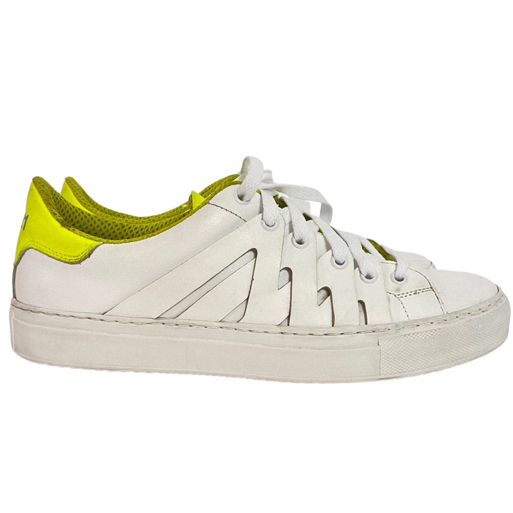 Ps821 Alpha Fluro Neon Volt Tongue Cutout Leather Sneakers Womens 9 White Shoes